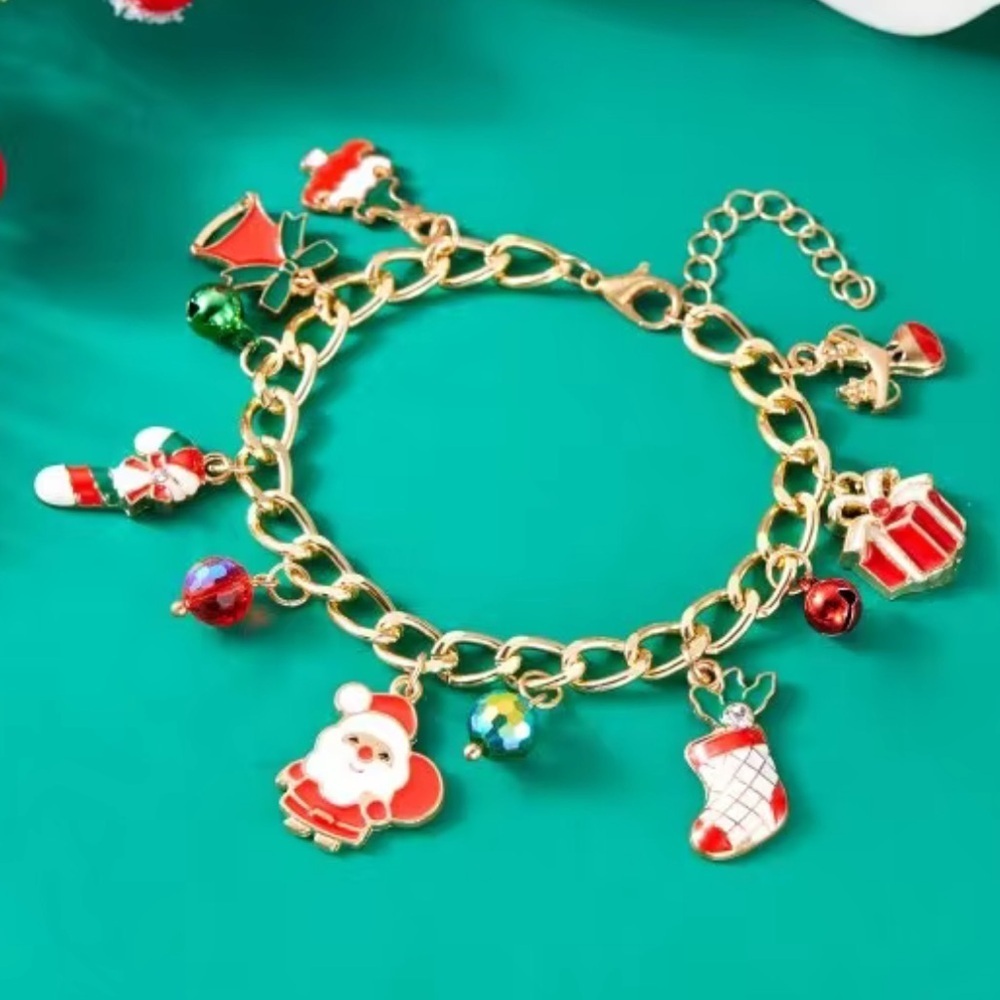 Festive Christmas Gold Charm Bracelet with Santa Snowman Gift Pendants Holiday - Picture 4 of 6